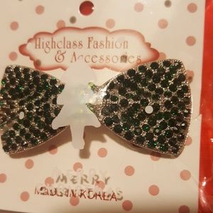 Rhinestone Bow Hair Clip - GREEN - NEW